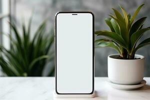 Smartphone Attrappe, Lehrmodell, Simulation mit leer Bildschirm und saftig Pflanze auf hölzern Tabelle ai generiert foto