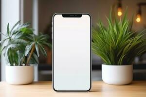 Smartphone Attrappe, Lehrmodell, Simulation mit leer Bildschirm und saftig Pflanze auf hölzern Tabelle ai generiert foto