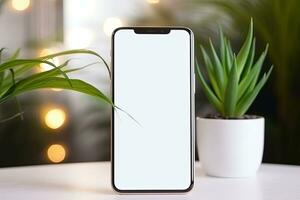 Smartphone Attrappe, Lehrmodell, Simulation mit leer Bildschirm und saftig Pflanze auf hölzern Tabelle ai generiert foto