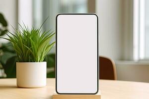 Smartphone Attrappe, Lehrmodell, Simulation mit leer Bildschirm und saftig Pflanze auf hölzern Tabelle ai generiert foto