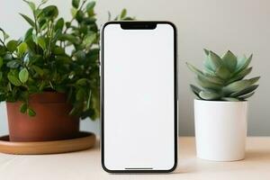 Smartphone Attrappe, Lehrmodell, Simulation mit leer Bildschirm und saftig Pflanze auf hölzern Tabelle ai generiert foto