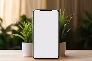 Smartphone Attrappe, Lehrmodell, Simulation mit leer Bildschirm und saftig Pflanze auf hölzern Tabelle ai generiert foto