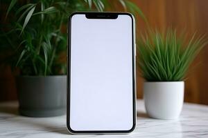 Smartphone Attrappe, Lehrmodell, Simulation mit leer Bildschirm und saftig Pflanze auf hölzern Tabelle ai generiert foto