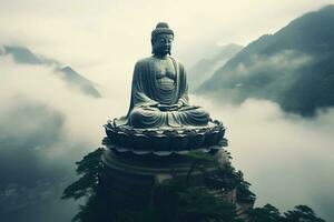 Buddha Statue auf das oben von Berg im neblig Morgen ai generiert foto