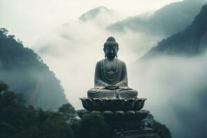 Buddha Statue auf das oben von Berg im neblig Morgen ai generiert foto