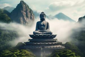 Buddha Statue auf das oben von Berg im neblig Morgen ai generiert foto