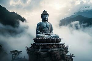 Buddha Statue auf das oben von Berg im neblig Morgen ai generiert foto