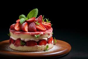 Erdbeere Kuchen mit ausgepeitscht Sahne und frisch Erdbeeren auf dunkel Hintergrund ai generiert foto