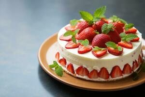 Erdbeere Kuchen mit ausgepeitscht Sahne und frisch Erdbeeren auf dunkel Hintergrund ai generiert foto