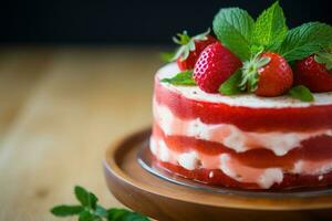 Erdbeere Kuchen mit ausgepeitscht Sahne und frisch Erdbeeren auf dunkel Hintergrund ai generiert foto