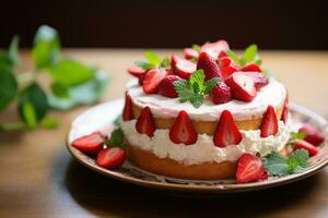 Erdbeere Kuchen mit ausgepeitscht Sahne und frisch Erdbeeren auf dunkel Hintergrund ai generiert foto