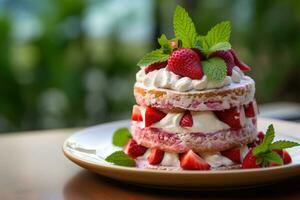 Erdbeere Kuchen mit ausgepeitscht Sahne und frisch Erdbeeren, selektiv Fokus ai generiert foto