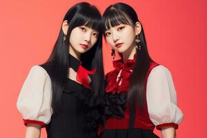 Porträt von zwei schön asiatisch Frauen im schwarz Kleid auf rot Hintergrund ai generiert foto