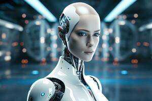 Porträt von ein Roboter im ein Weiß futuristisch Innenraum, künstlich Intelligenz Konzept ai generiert foto