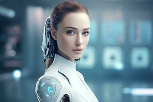 Porträt von ein Roboter im ein Weiß futuristisch Innenraum, künstlich Intelligenz Konzept ai generiert foto