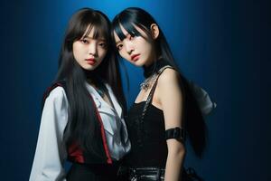 Porträt von zwei schön asiatisch Frauen im Mode Outfits auf Blau Hintergrund ai generiert foto