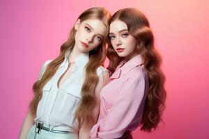 Porträt von zwei schön Mädchen im das Studio auf ein Rosa Hintergrund ai generiert foto