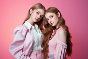 Porträt von zwei schön Mädchen im das Studio auf ein Rosa Hintergrund ai generiert foto