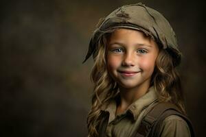 Porträt von ein wenig Mädchen im ein Militär- Uniform. Studio Schuss. ai generiert foto