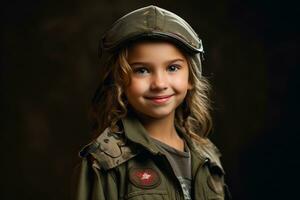 Porträt von ein wenig Mädchen im ein Militär- Uniform. Studio Schuss. ai generiert foto