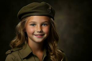 Porträt von ein wenig Mädchen im ein Militär- Uniform. Studio Schuss. ai generiert foto