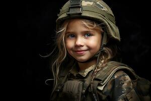 Porträt von ein wenig Mädchen im ein Militär- Uniform. Studio Schuss. ai generiert foto