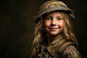 Porträt von ein wenig Mädchen im ein Militär- Uniform. Studio Schuss. ai generiert foto