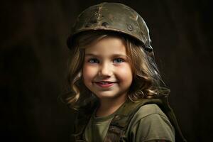 Porträt von ein wenig Mädchen im ein Militär- Uniform. Studio Schuss. ai generiert foto