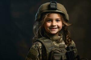 Porträt von ein wenig Mädchen im ein Militär- Uniform. Studio Schuss. ai generiert foto