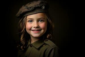 Porträt von ein wenig Mädchen im ein Militär- Uniform. Studio Schuss. ai generiert foto