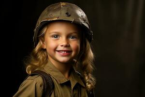 Porträt von ein wenig Mädchen im ein Militär- Uniform. Studio Schuss. ai generiert foto