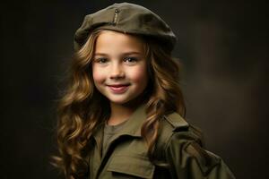 Porträt von ein wenig Mädchen im ein Militär- Uniform. Studio Schuss. ai generiert foto