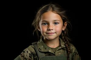 Porträt von ein wenig Mädchen im ein Militär- Uniform. Studio Schuss. ai generiert foto