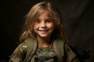 Porträt von ein wenig Mädchen im ein Militär- Uniform. Studio Schuss. ai generiert foto