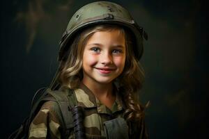 Porträt von ein wenig Mädchen im ein Militär- Uniform. Studio Schuss. ai generiert foto