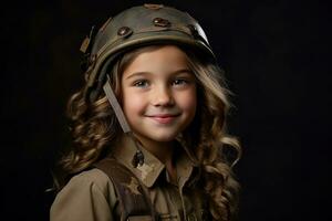 Porträt von ein wenig Mädchen im ein Militär- Uniform. Studio Schuss. ai generiert foto