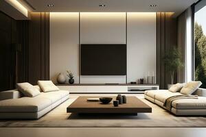 Innere von modern Leben Zimmer mit Weiß Wände, gefliest Boden, komfortabel Sofa und Fernseher Bildschirm auf das Mauer foto