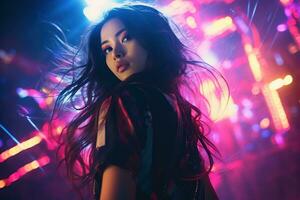 Porträt von ein schön jung asiatisch Frau mit lange Haar im Nacht Verein ai generiert foto