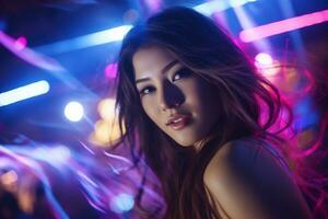 Porträt von ein schön jung asiatisch Frau mit lange Haar im Nacht Verein ai generiert foto