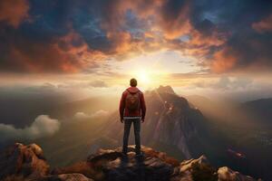 Mann Stehen auf oben von das Berg und suchen beim das Sonnenuntergang ai generiert foto