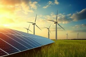 Solar- Paneele und Wind Turbinen beim Sonnenuntergang. verlängerbar Energie Konzept. ai generiert foto