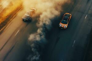 Rennen Auto Unfall auf das Straße mit Rauch im das Luft. ai generiert foto
