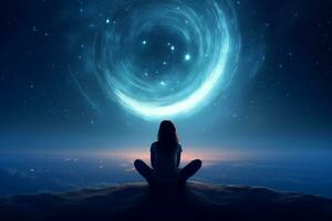 Frau meditieren im Vorderseite von das sternenklar Nacht Himmel. 3d Rendern ai generiert foto
