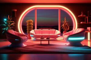 modern Innere futuristisch Leben Zimmer Nacht Aussicht mit Neon- Beleuchtung ai generiert foto
