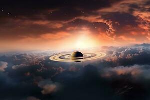 Saturn im das Wolken. Wissenschaft Fiktion Hintergrund. 3d Rendern ai generiert foto