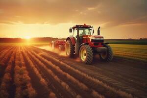 Traktor auf das Feld. Traktor auf das Feld. Traktor beim Sonnenuntergang. ai generiert foto