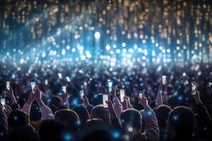 Menge beim Konzert mit Hände angehoben oben und Bokeh Hintergrund ai generiert foto