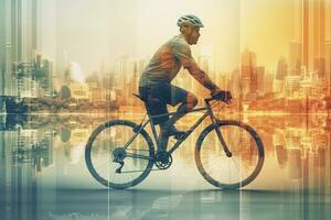 Radfahrer im Stadt mit doppelt Exposition ai generiert foto