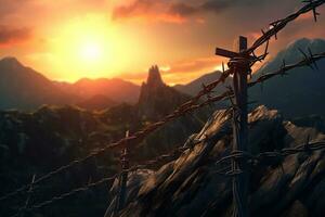 Kreuz auf das oben von das Berg beim Sonnenuntergang. 3d machen ai generiert foto