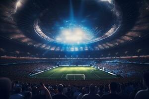 Fußball Stadion mit Fans und Beleuchtung im das Hintergrund. 3d Rendern ai generiert foto